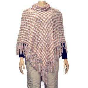 Karma Woman's Poncho Turtleneck loose Knit Fringe hem Ivory Pink blue size OS